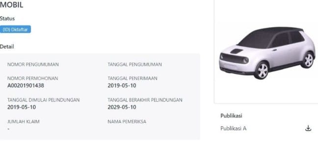 Paten Honda E di situs Kekayaan Intelektual Kemenkumham RI