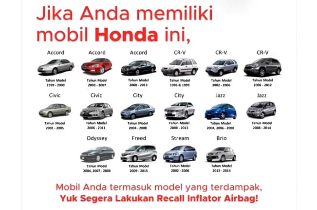 Daftar Mobil Honda Kena Recall terkait Airbag Takata